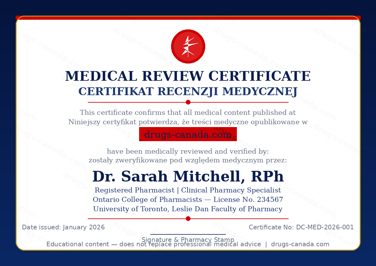 Certificat de révision médicale — drugs-canada.com révisé par Dr. Sarah Mitchell RPh, Pharmacienne Agréée, Université de Toronto